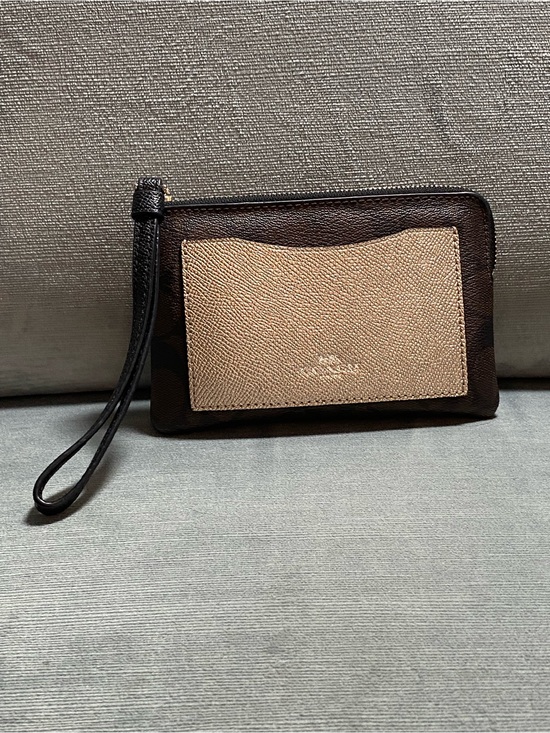Coach Handbags - Coach Signature Two-Tone Brown Leather Zip Wristlet with Gold Metallic Pocket